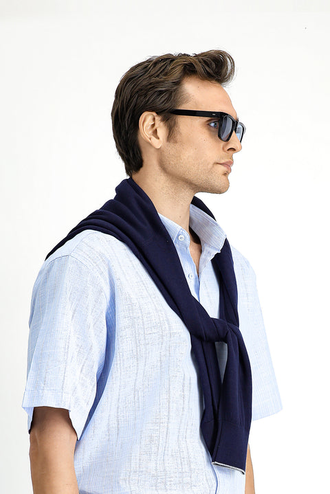 Sky Blue Short Sleeve Regular Fit Button-Down Collar Cotton Shirt