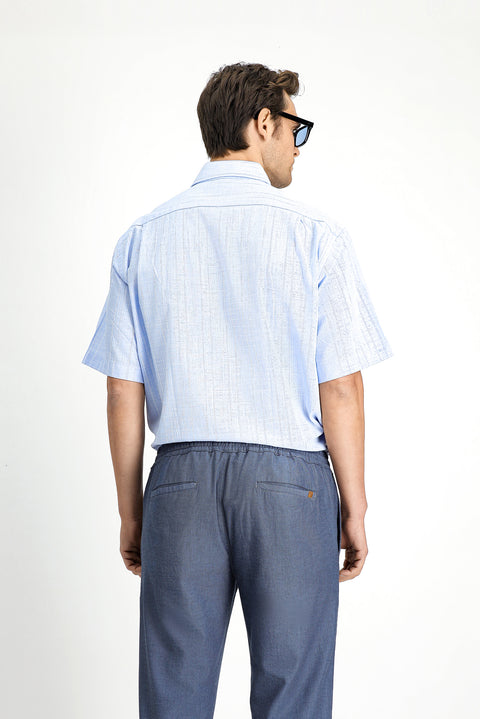 Sky Blue Short Sleeve Regular Fit Button-Down Collar Cotton Shirt