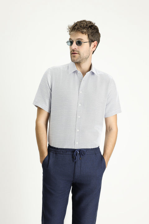 Blue Short Sleeve Regular Fit Linen-Look Cotton Shirt