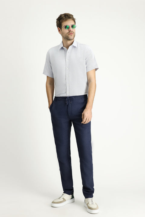 Blue Short Sleeve Regular Fit Linen-Look Cotton Shirt