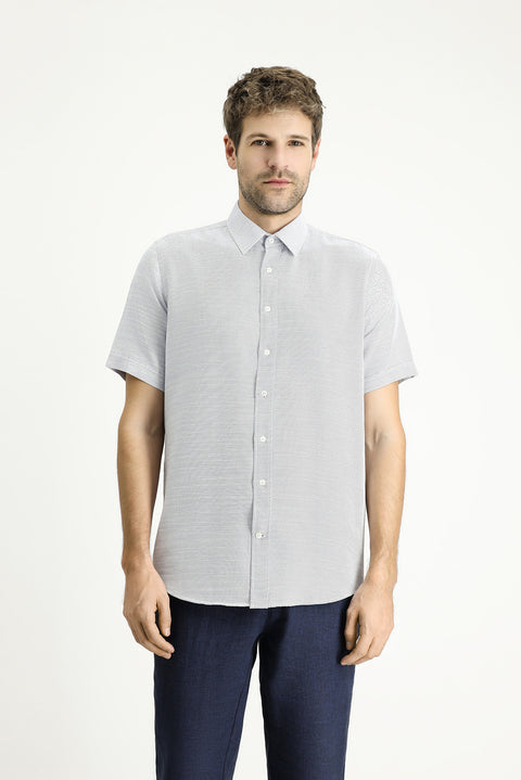Blue Short Sleeve Regular Fit Linen-Look Cotton Shirt
