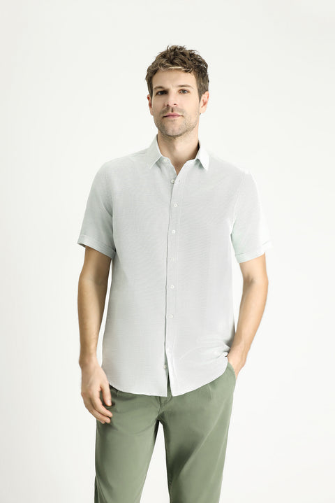 Grass Green Short Sleeve Regular Fit Linen-Look Cotton Shirt