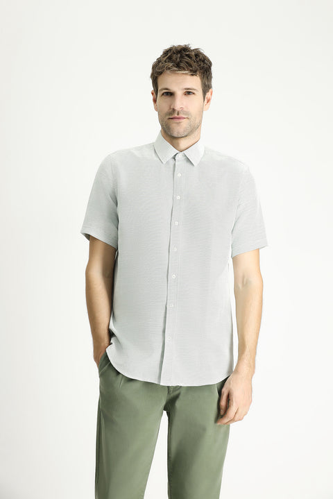 Grass Green Short Sleeve Regular Fit Linen-Look Cotton Shirt
