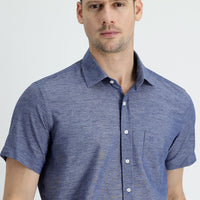 Medium Navy Short Sleeve Regular Fit Cotton Linen Shirt