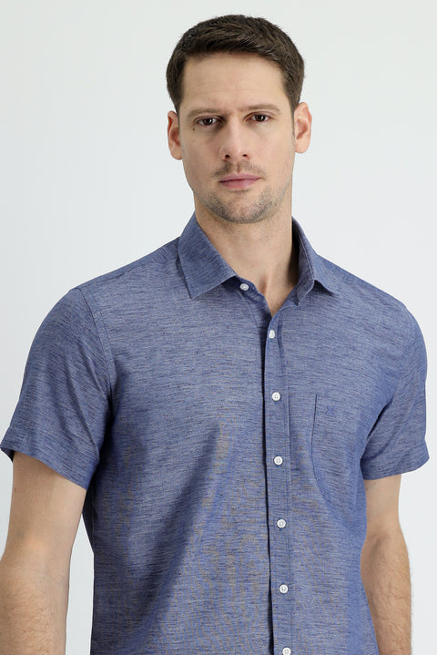 Medium Navy Short Sleeve Regular Fit Cotton Linen Shirt