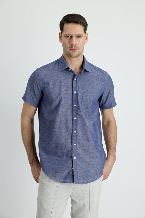 Medium Navy Short Sleeve Regular Fit Cotton Linen Shirt
