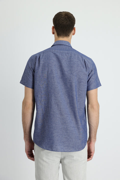 Medium Navy Short Sleeve Regular Fit Cotton Linen Shirt