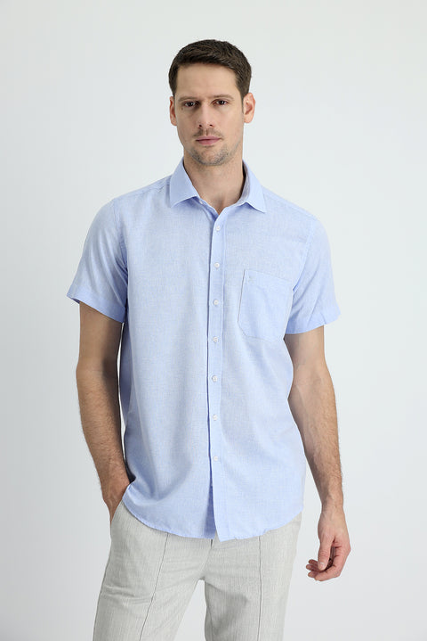 Sky Blue Short Sleeve Regular Fit Cotton Linen Shirt