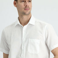 White Short Sleeve Regular Fit Cotton Linen Blend Shirt