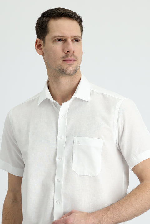 White Short Sleeve Regular Fit Cotton Linen Blend Shirt