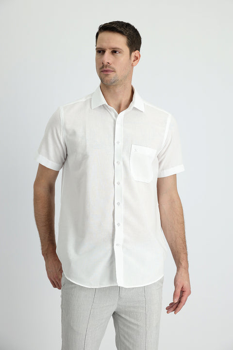 White Short Sleeve Regular Fit Cotton Linen Blend Shirt