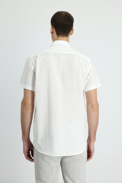 White Short Sleeve Regular Fit Cotton Linen Blend Shirt