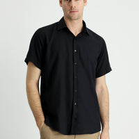 Black Short Sleeve Regular Fit Sport Cotton Linen Blend Shirt
