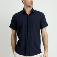 Dark Navy Short Sleeve Regular Fit Sport Cotton Linen Blend Shirt