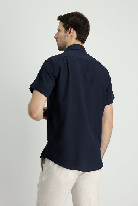 Dark Navy Short Sleeve Regular Fit Sport Cotton Linen Blend Shirt