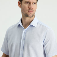 Light Blue Short Sleeve Regular Fit Sport Cotton Linen Blend Shirt