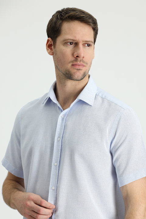 Light Blue Short Sleeve Regular Fit Sport Cotton Linen Blend Shirt