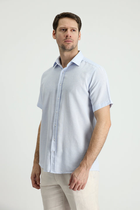 Light Blue Short Sleeve Regular Fit Sport Cotton Linen Blend Shirt