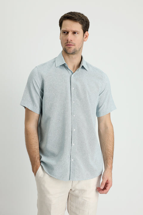 Dark Blue Short Sleeve Regular Fit Patterned Sport Cotton Linen Shirt