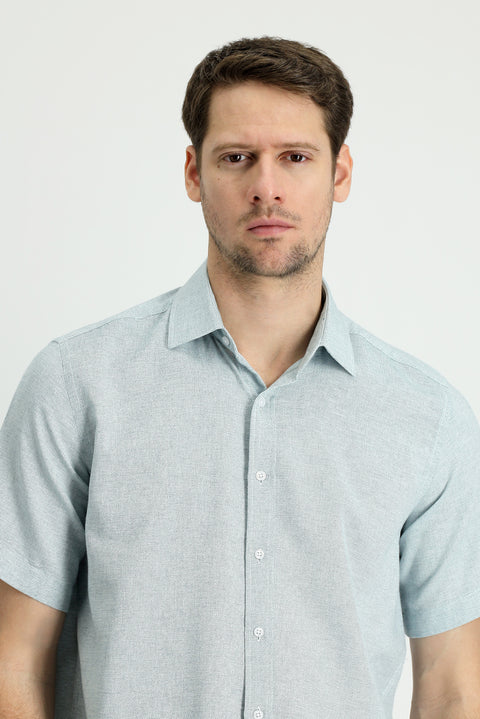 Dark Blue Short Sleeve Regular Fit Patterned Sport Cotton Linen Shirt