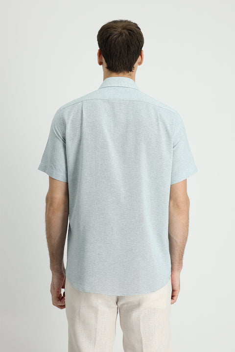 Dark Blue Short Sleeve Regular Fit Patterned Sport Cotton Linen Shirt