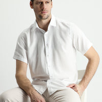 White Short Sleeve Regular Fit Sport Cotton Linen Blend Shirt