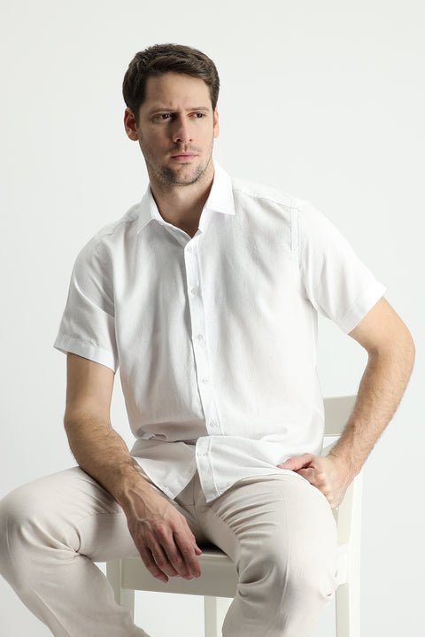 White Short Sleeve Regular Fit Sport Cotton Linen Blend Shirt