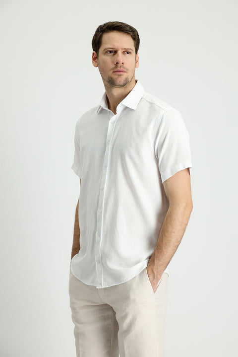 White Short Sleeve Regular Fit Sport Cotton Linen Blend Shirt