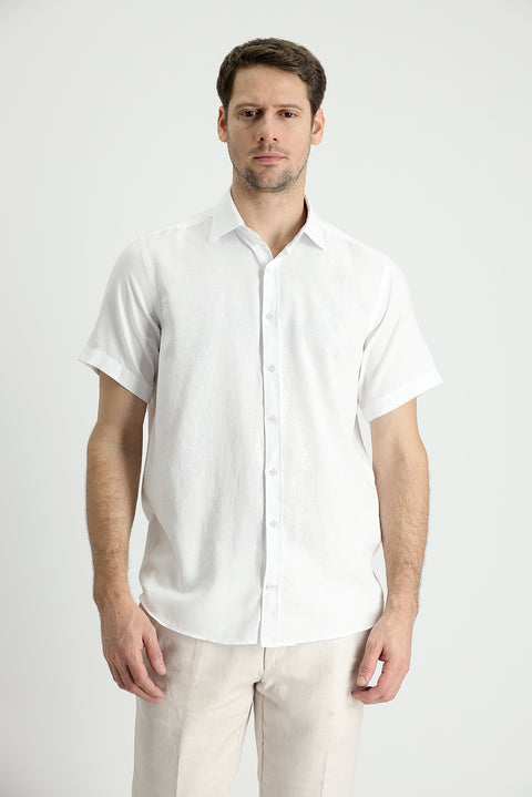 White Short Sleeve Regular Fit Sport Cotton Linen Blend Shirt