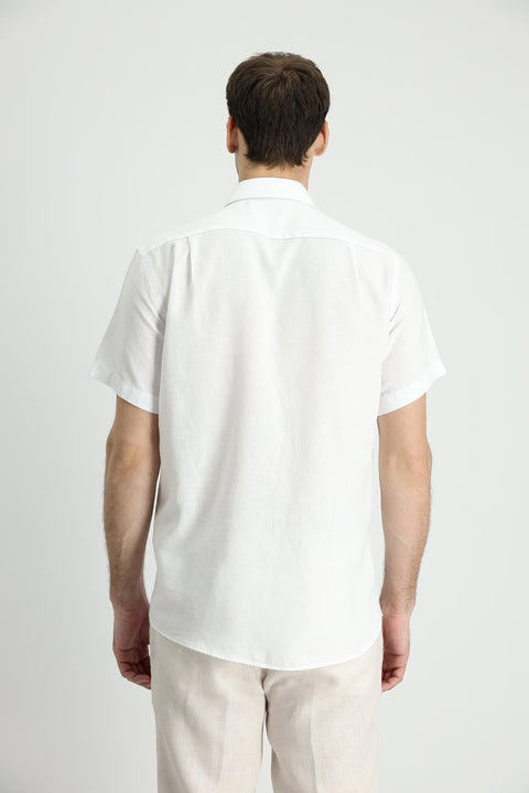 White Short Sleeve Regular Fit Sport Cotton Linen Blend Shirt