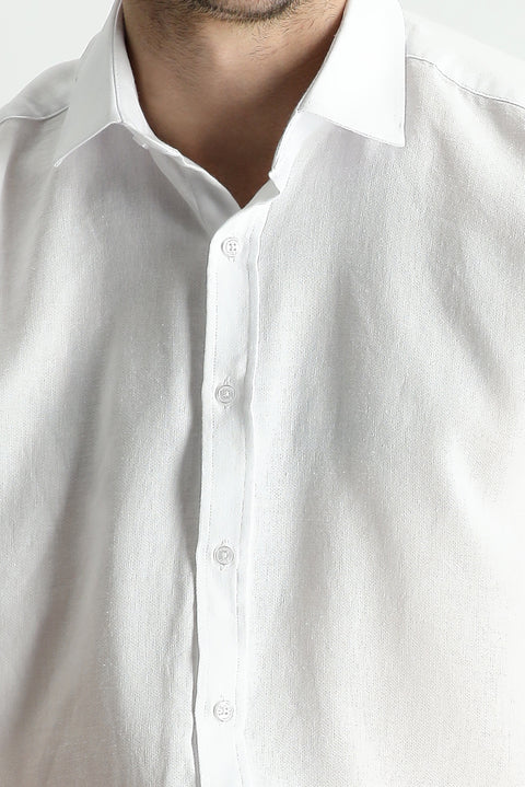 White Short Sleeve Regular Fit Sport Cotton Linen Blend Shirt