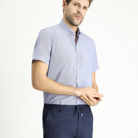 Light Blue Short Sleeve Regular Fit Striped Cotton Shirt