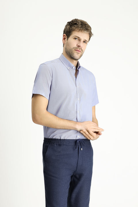 Light Blue Short Sleeve Regular Fit Striped Cotton Shirt