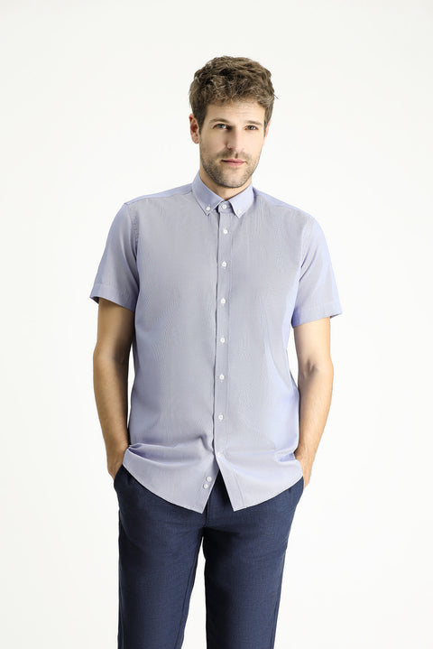Light Blue Short Sleeve Regular Fit Striped Cotton Shirt