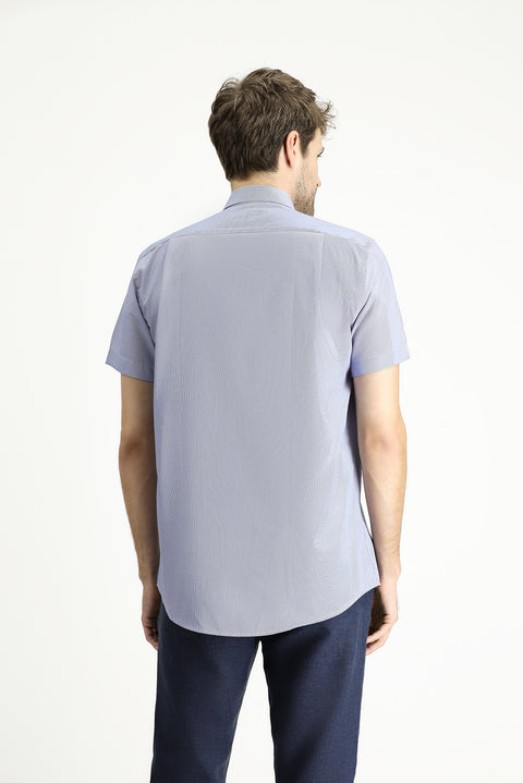 Light Blue Short Sleeve Regular Fit Striped Cotton Shirt