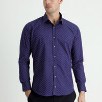 Dark Navy Long Sleeve Slim Fit Printed Cotton Shirt