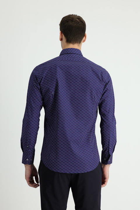 Dark Navy Long Sleeve Slim Fit Printed Cotton Shirt