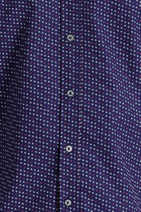 Dark Navy Long Sleeve Slim Fit Printed Cotton Shirt
