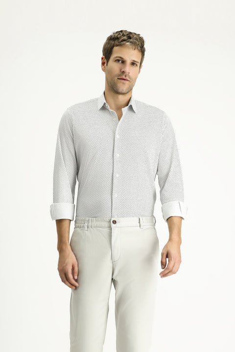 White Long Sleeve Slim Fit Printed Cotton Shirt