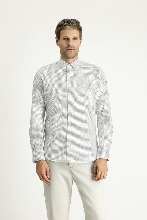 White Long Sleeve Slim Fit Printed Cotton Shirt