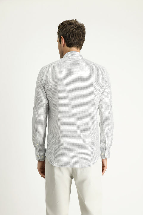 White Long Sleeve Slim Fit Printed Cotton Shirt