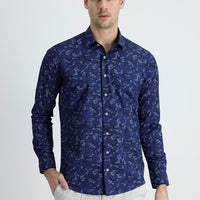 Dark Navy Long Sleeve Slim Fit Printed Cotton Shirt