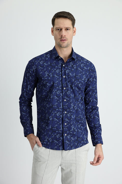 Dark Navy Long Sleeve Slim Fit Printed Cotton Shirt