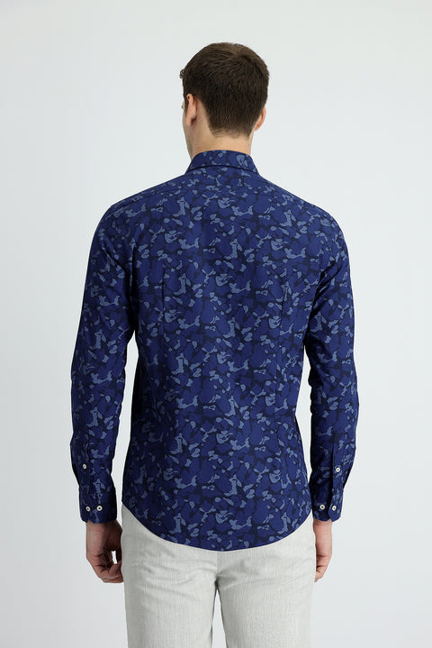 Dark Navy Long Sleeve Slim Fit Printed Cotton Shirt