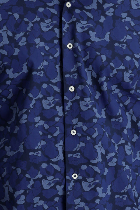 Dark Navy Long Sleeve Slim Fit Printed Cotton Shirt
