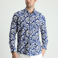 Navy Blue Long Sleeve Slim Fit Printed Cotton Shirt