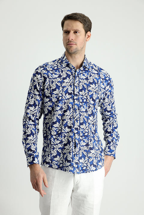 Navy Blue Long Sleeve Slim Fit Printed Cotton Shirt