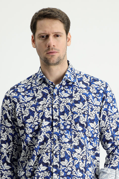 Navy Blue Long Sleeve Slim Fit Printed Cotton Shirt
