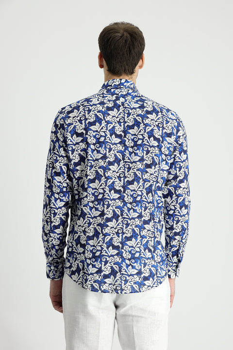 Navy Blue Long Sleeve Slim Fit Printed Cotton Shirt