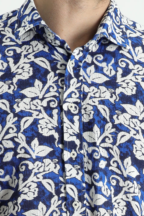 Navy Blue Long Sleeve Slim Fit Printed Cotton Shirt